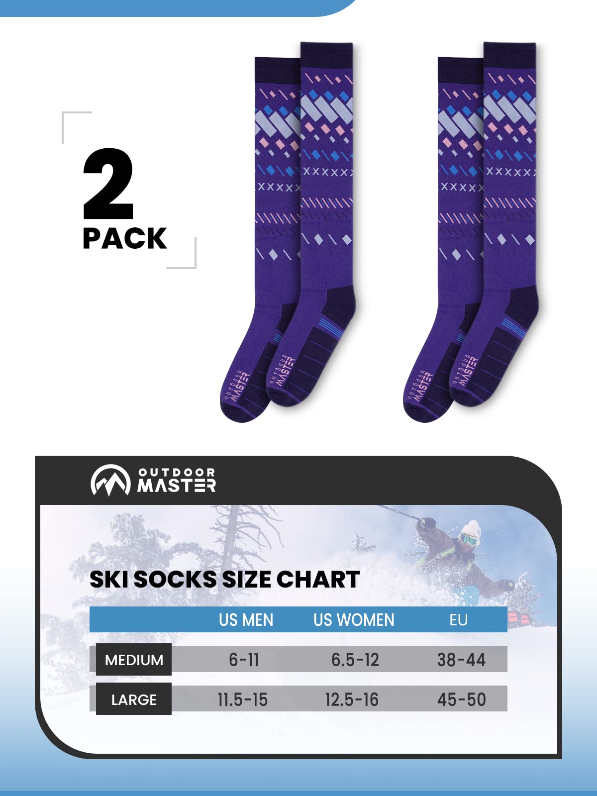 OutdoorMaster Unisex Ski Socks,Skiing and Snowboarding Socks for Men & Women with Over the Calf Design/Non-Slip Cuff