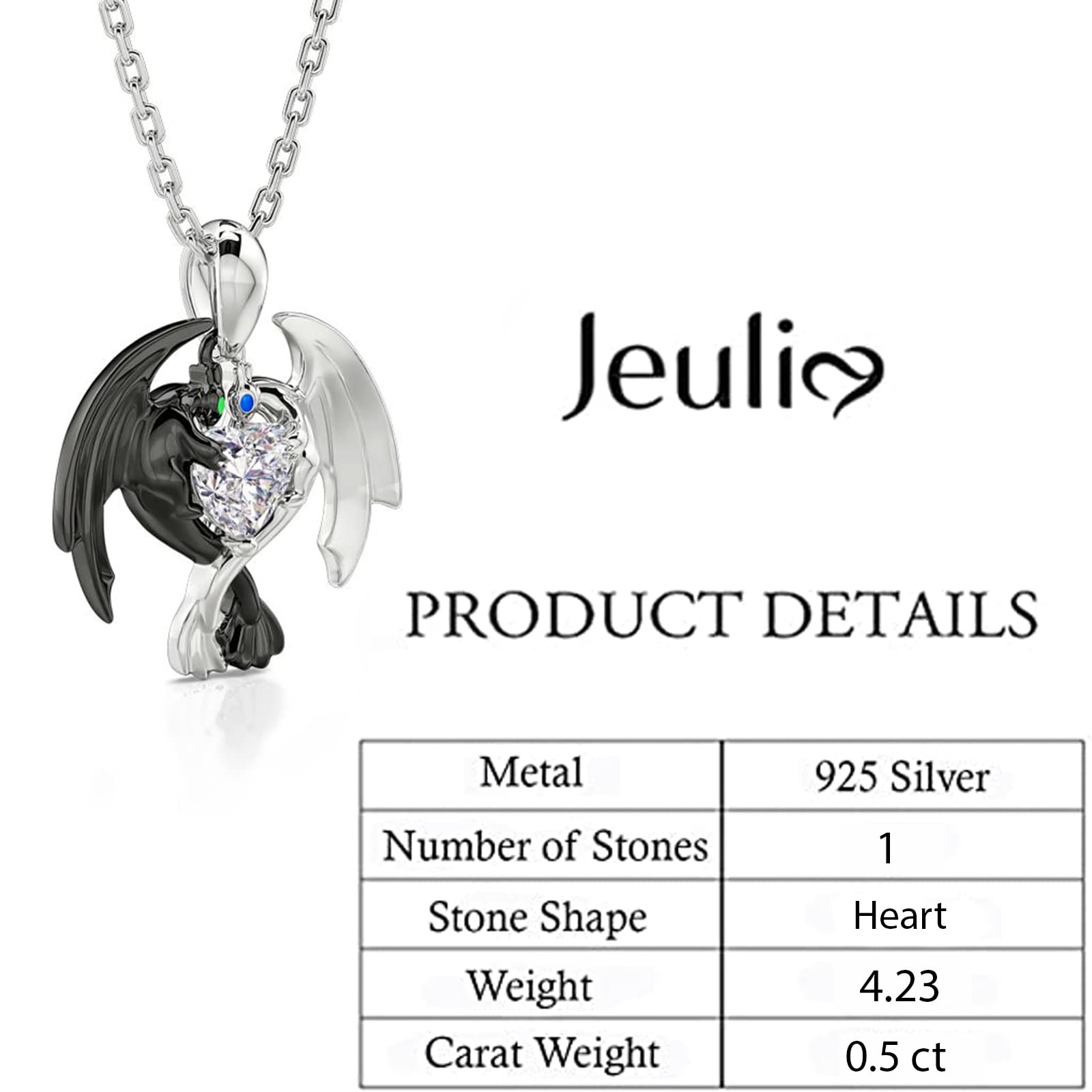 Jeulia Dragon Necklace Sterling Silver: Heart Cut Couple Pendant Necklace Diamond Jewelry for Women Christmas Charm Gift with Box (White)