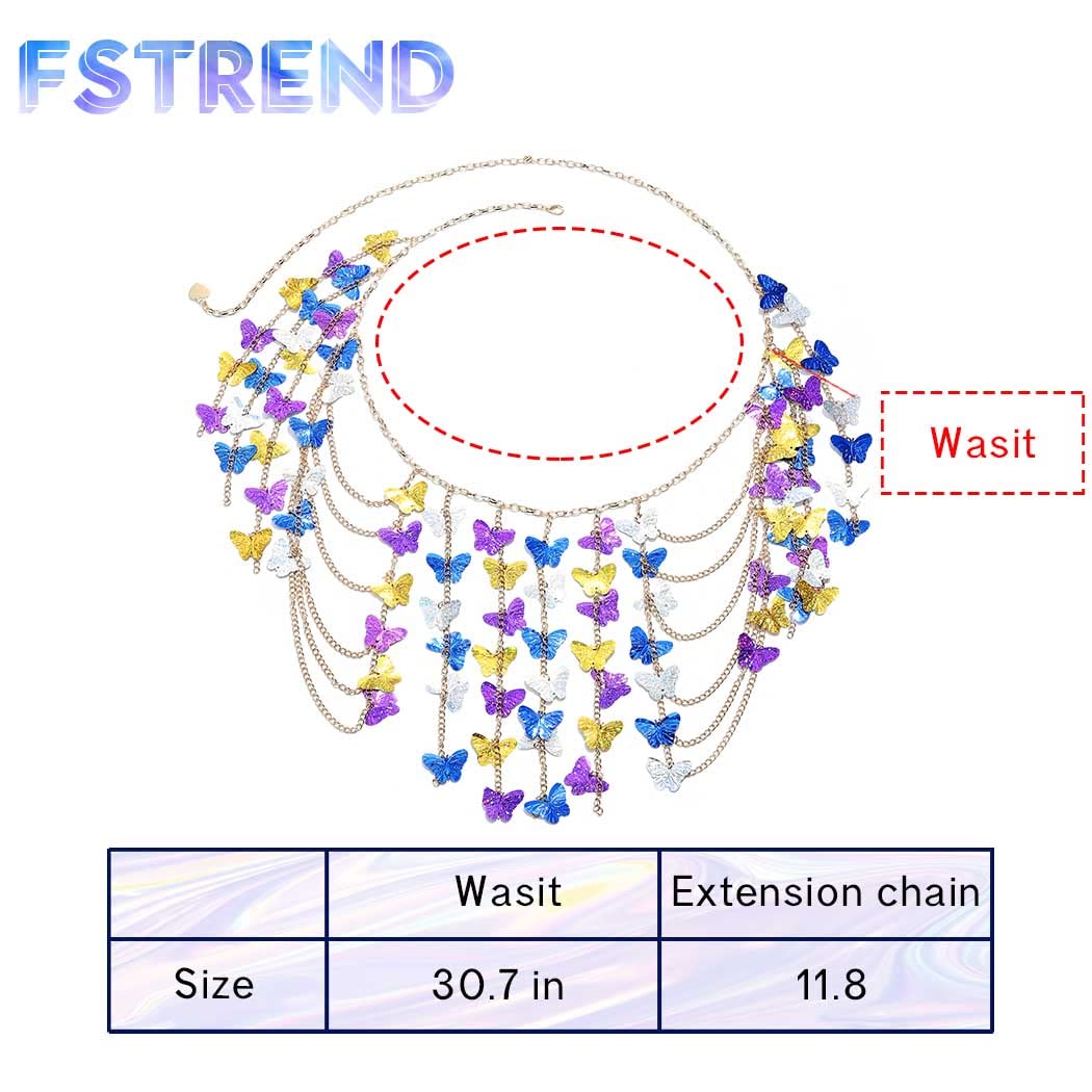 Fstrend Tassel Body Chains Sequin Butterfly Dance Skirt Silver Fringe Belly Waist Hip Chain Rave Accessories for Women