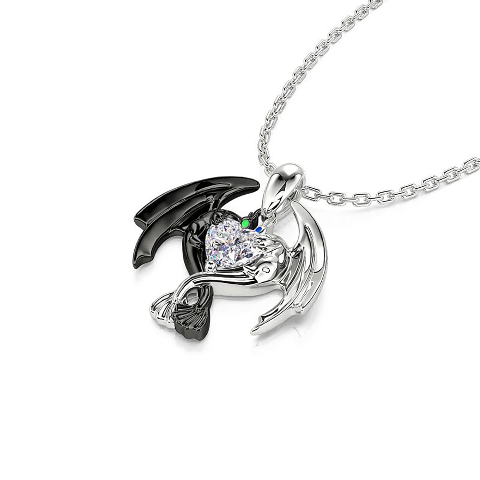 Jeulia Dragon Necklace Sterling Silver: Heart Cut Couple Pendant Necklace Diamond Jewelry for Women Christmas Charm Gift with Box (White)