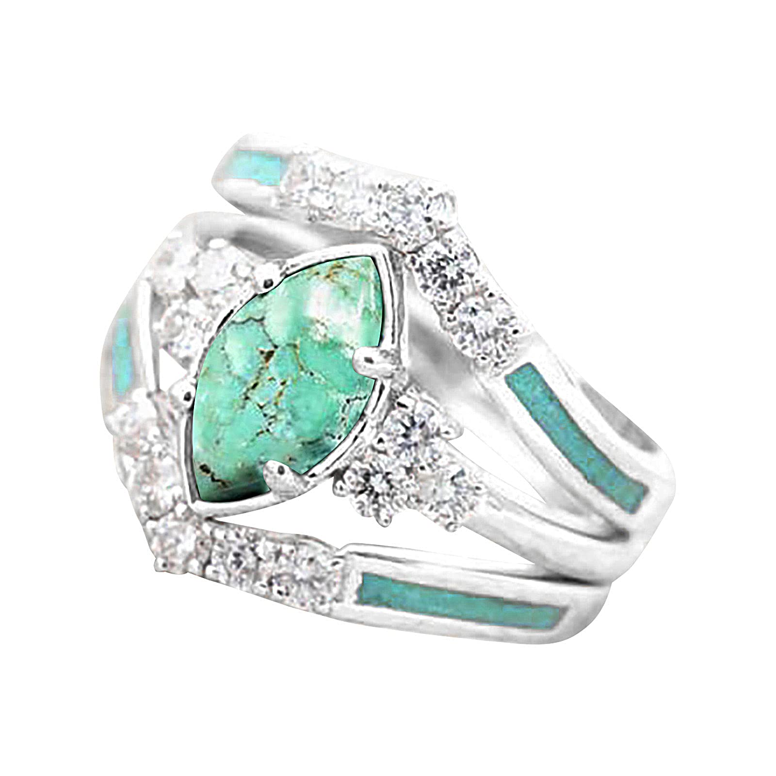 Sterling Silver Natural Turquoise Diamond 3 Piece Set Ring Simple Fashion Jewelry Popular Accessories Jewelry_Gift (Silver, 7)