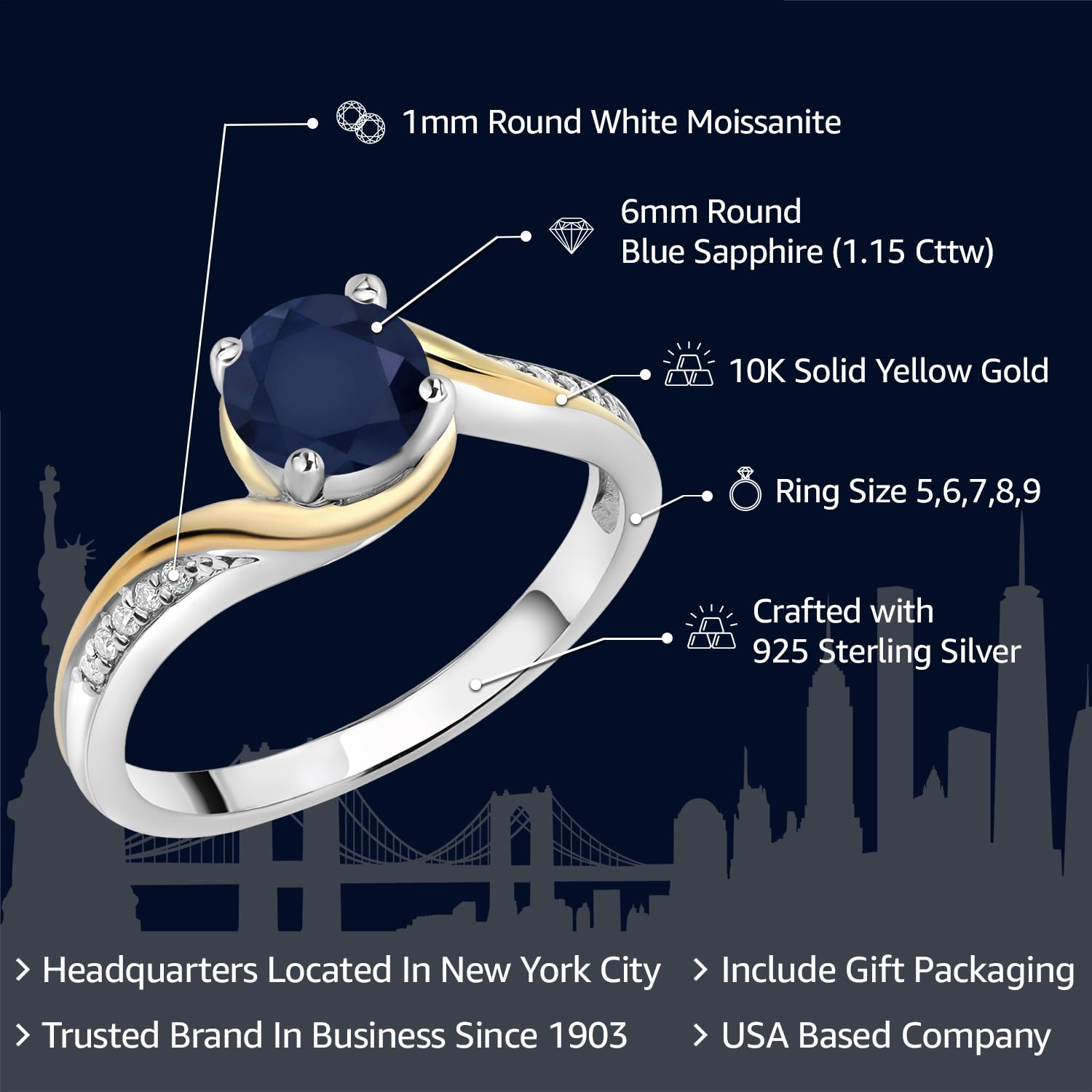 Gem Stone King 925 Sterling Silver and 10K Yellow Gold Round Blue Sapphire and White Moissanite Women Engagement Ring (1.15 Cttw, Gemstone Birthstone, Available In Size 5, 6, 7, 8, 9)