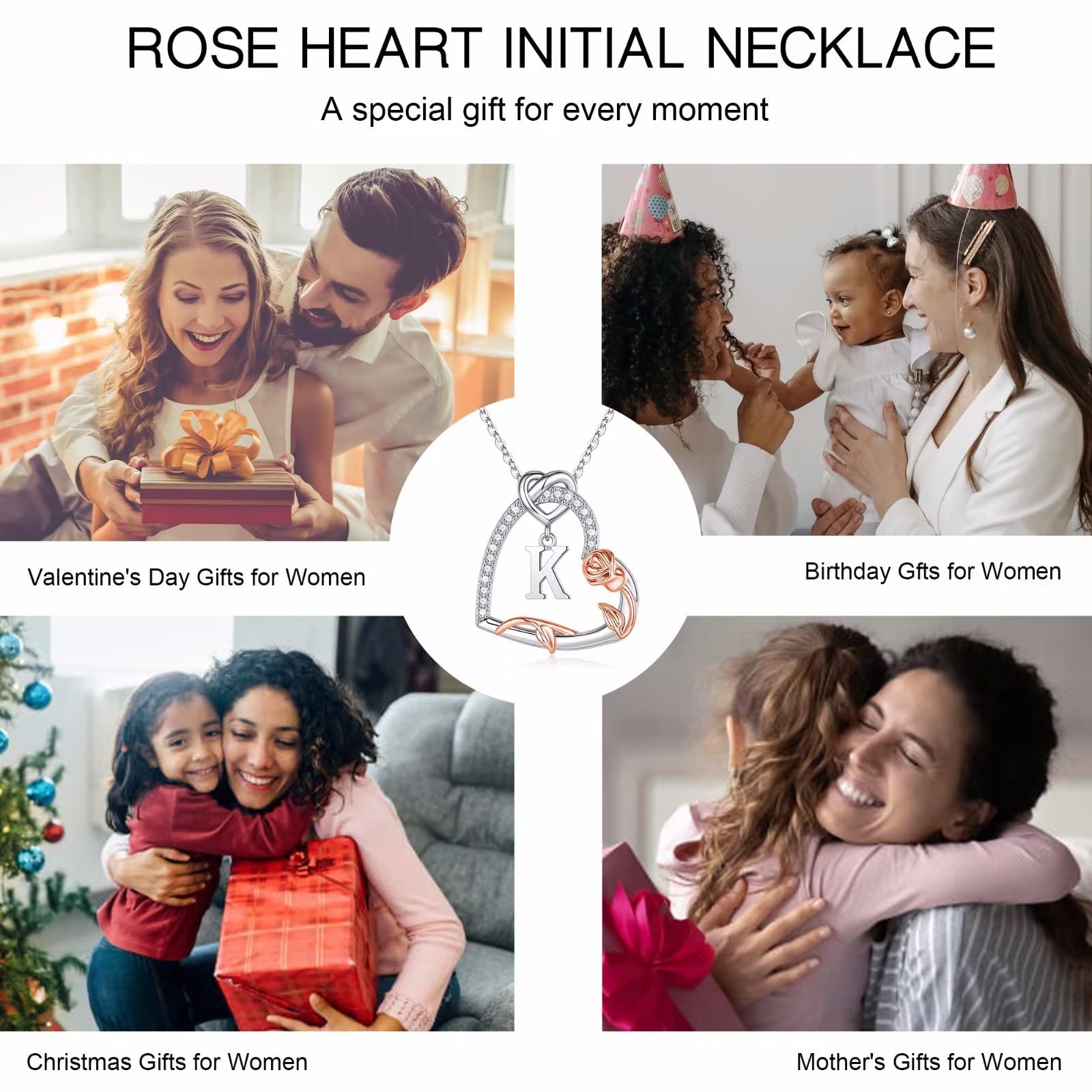 Rose Heart Necklace Gifts for Women, Romantic Gifts for Her Initial K Letter Heart Pendant Necklace for Anniversary, Valentines & Mothers Day, Christmas, Birthday