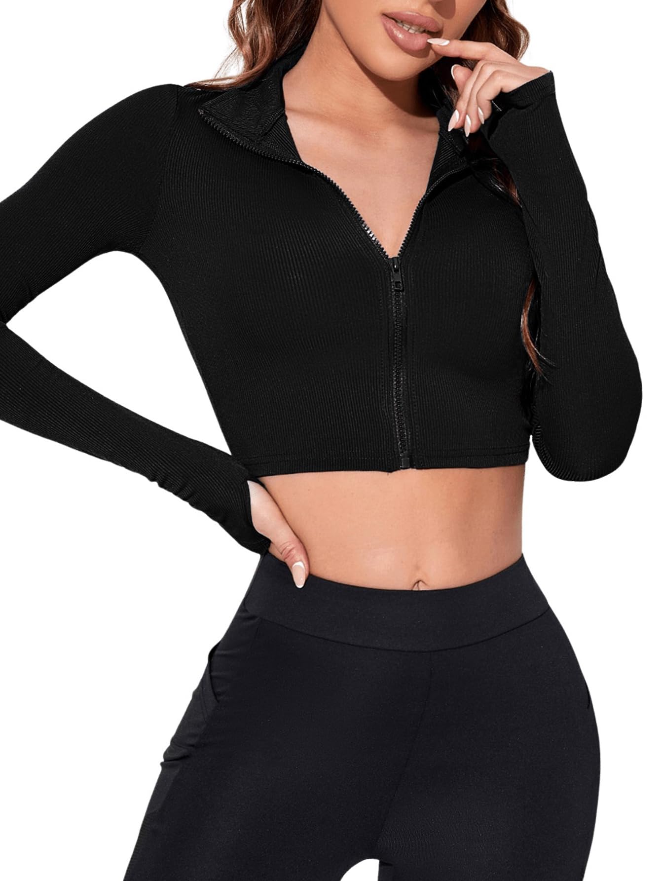 SOLY HUX Women's Lightweight Full Zip Athletic Long Sleeve Crop Running Workout Yoga Sportwear Jacket Solid Plain Black Small