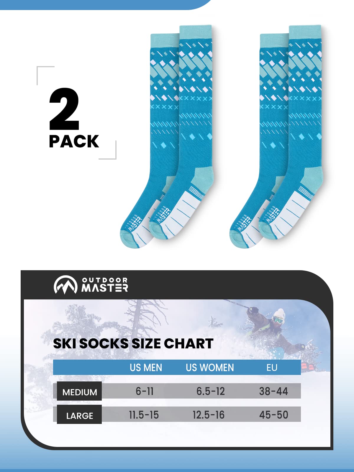 OutdoorMaster Unisex Ski Socks,Skiing and Snowboarding Socks for Men & Women with Over the Calf Design/Non-Slip Cuff