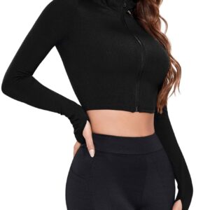 SOLY HUX Women's Lightweight Full Zip Athletic Long Sleeve Crop Running Workout Yoga Sportwear Jacket Solid Plain Black Small