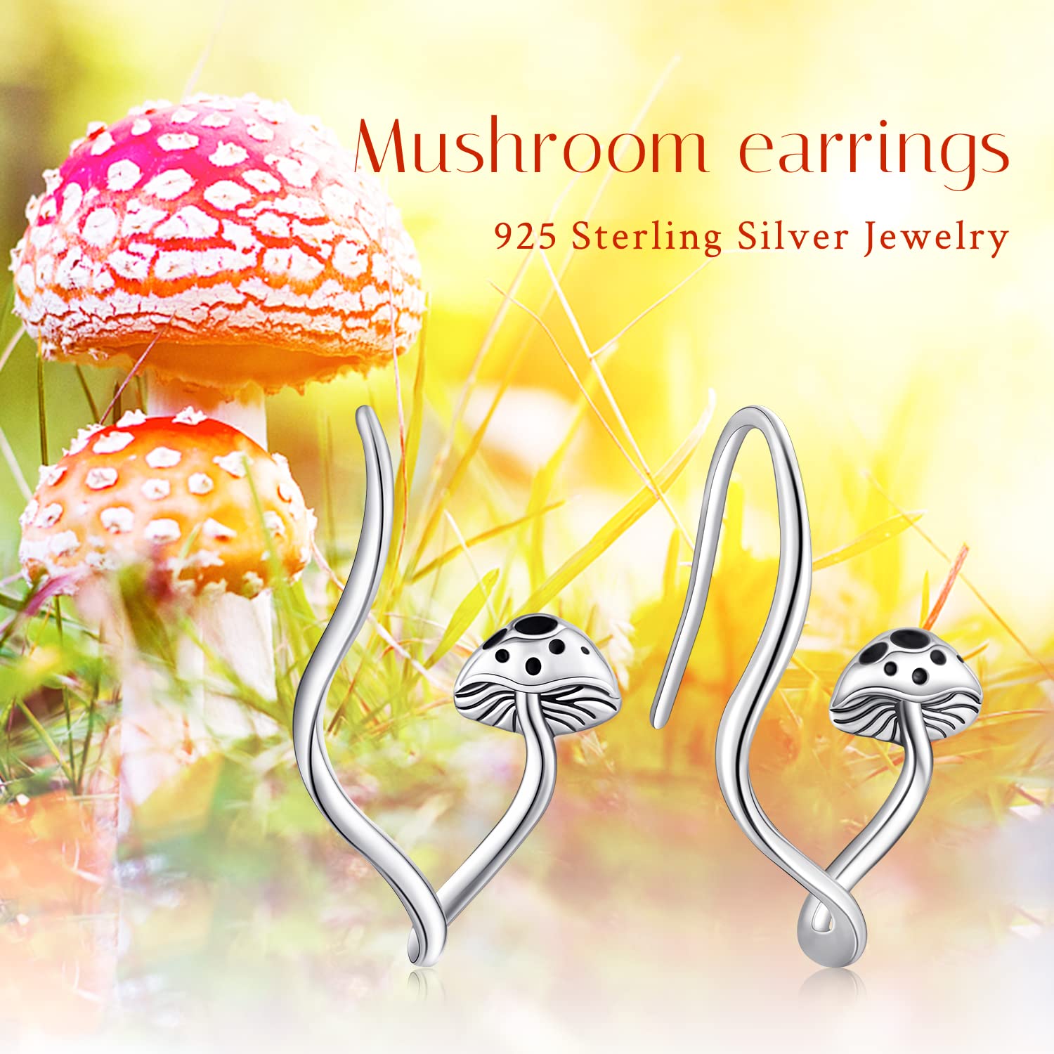 Mushroom Earrings Silver 925 Black Weird Mushroom Earhook Mushroom Jewelry Gifts for Women Hypoallergenic Earrings for Sensitive Ears