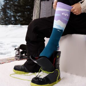 OutdoorMaster Ski Socks, 2-Pair Pack Skiing and Snowboarding Thermal Socks for Women with Over the Calf Design w/Non-Slip Cuff, Mountain Patterns - Lavender, Medium