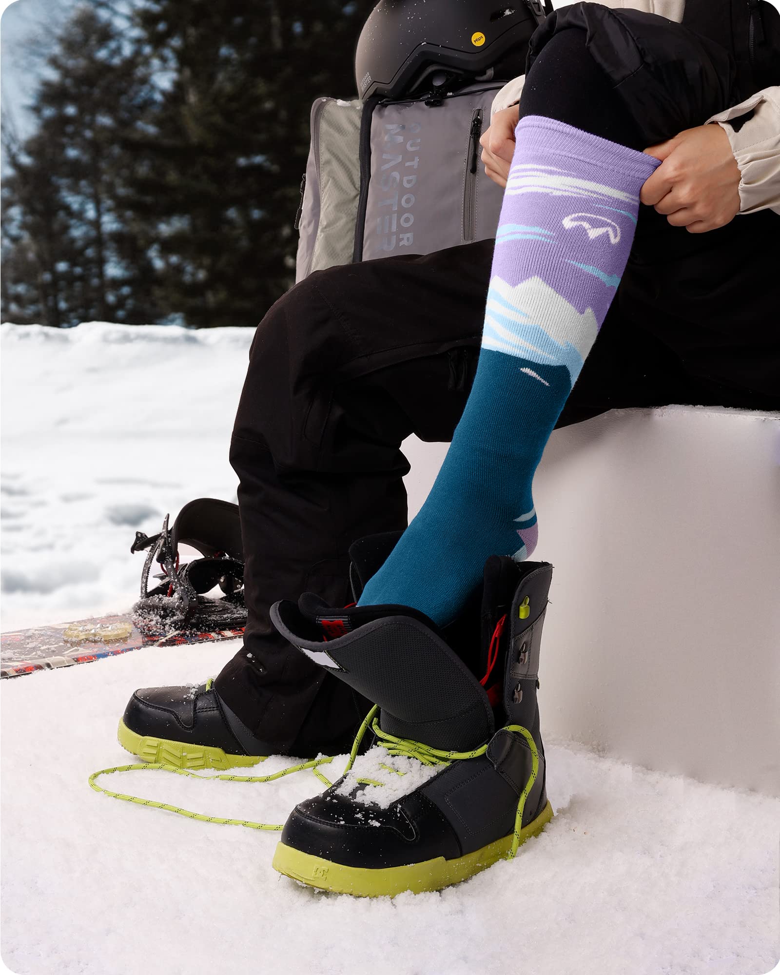 OutdoorMaster Ski Socks, 2-Pair Pack Skiing and Snowboarding Thermal Socks for Women with Over the Calf Design w/Non-Slip Cuff, Mountain Patterns - Lavender, Medium