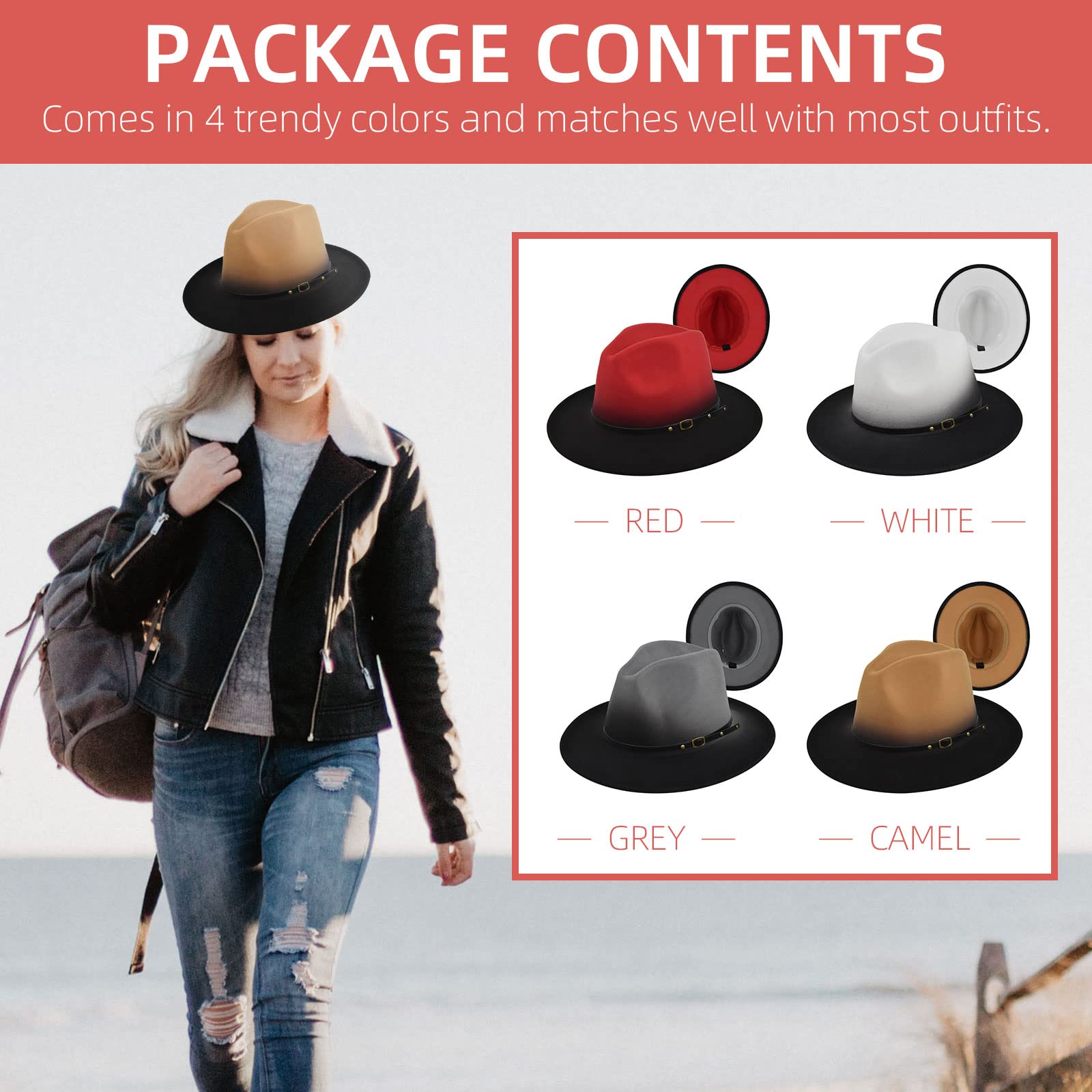 Gradient Color Fedora Hat for Women & Men, 4 Pack Classic Wide Brim Floppy Felt Panama Hat Outdoor Sun Hat with Belt Buckle, Camel+Grey+Red+White