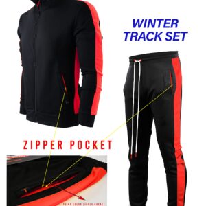 SCREENSHOT-S51707 Mens Hip Hop Premium Slim Fit Winter Fleece Lined Track Jacket - Modern Athletic Workout Sport Fitness Tops with Side Taping-Black/Red-2XLarge