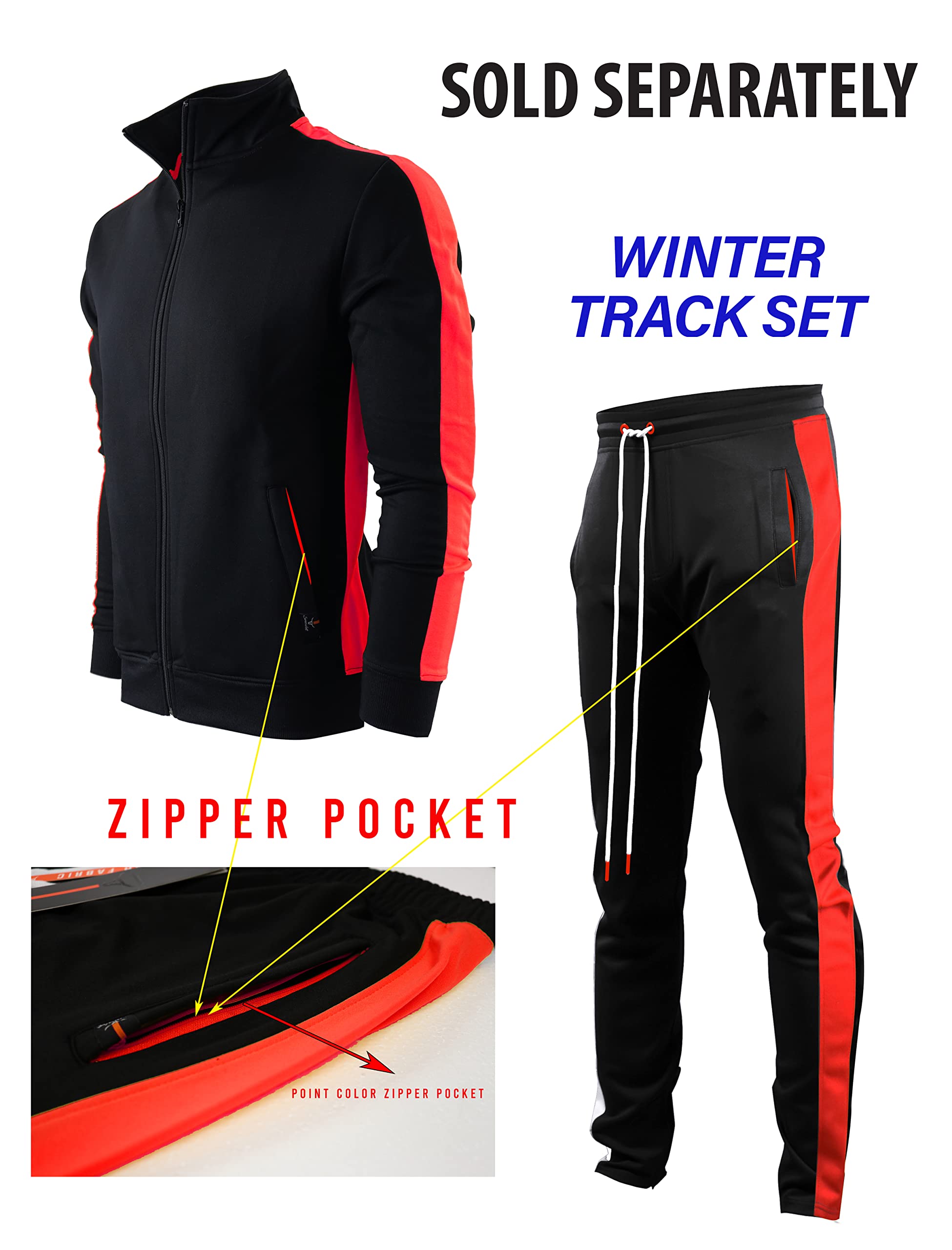 SCREENSHOT-S51707 Mens Hip Hop Premium Slim Fit Winter Fleece Lined Track Jacket - Modern Athletic Workout Sport Fitness Tops with Side Taping-Black/Red-2XLarge