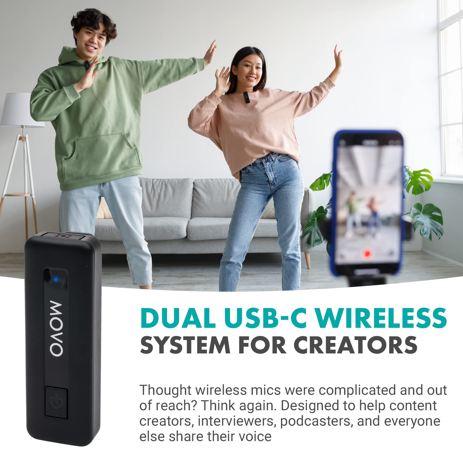 Movo Wireless Mini UC Duo Wireless Microphone for Android - Ultracompact Bluetooth Microphone for Android with Clip on Wireless USB-C Microphone for Android - (10HR Battery Life, 164ft Range)