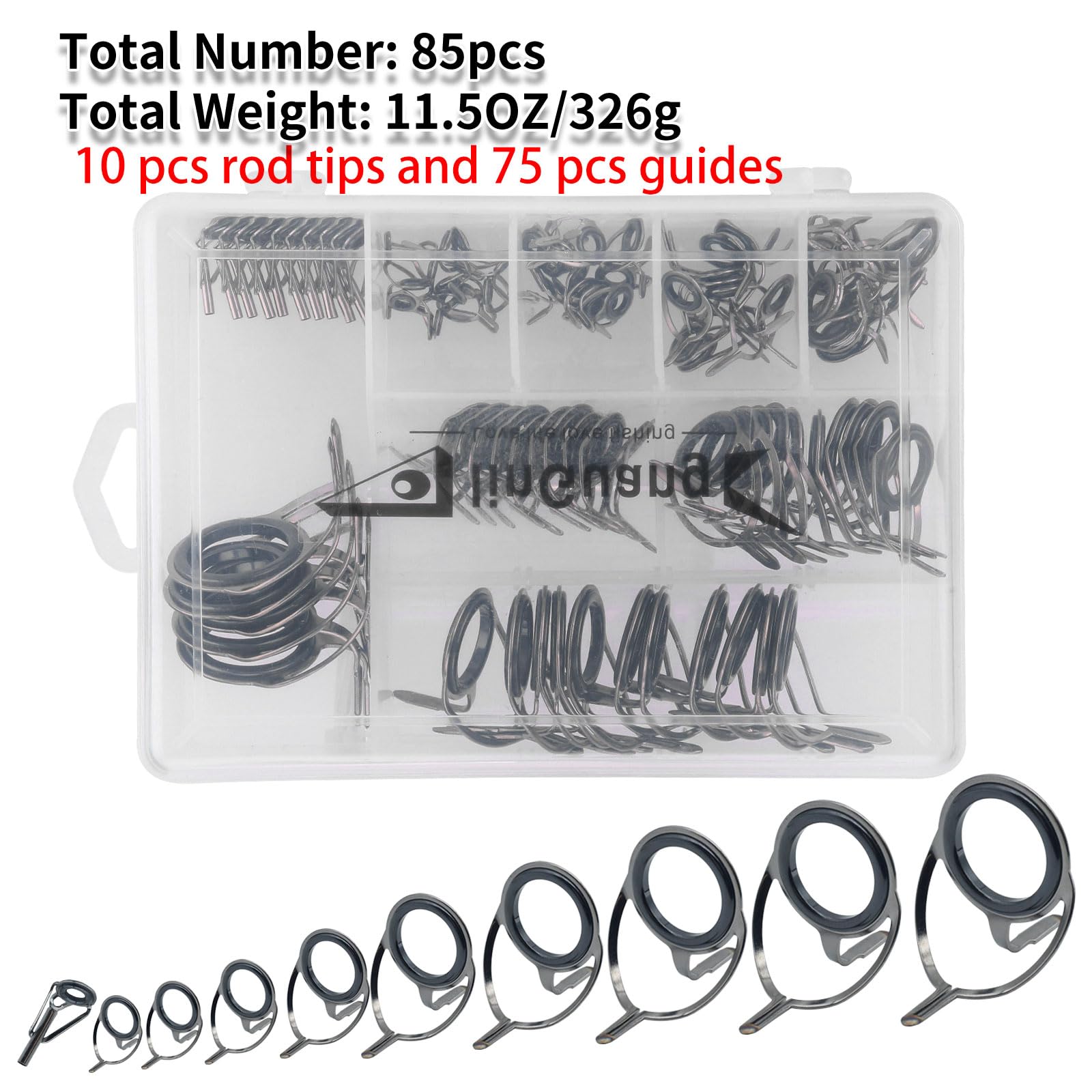 75pcs Both Feet Stainless Steel Ceramics Bait Casting Rod Guides and 10pcs Rod Tips (75pcs Both Foot Ceramics Rod Guides and 10pcs Rod Tips)