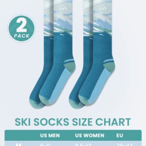 OutdoorMaster Ski Socks, 2-Pair Pack Skiing and Snowboarding Thermal Socks for Women with Over the Calf Design w/Non-Slip Cuff, Mountain Patterns - Ocean Blue,M/L