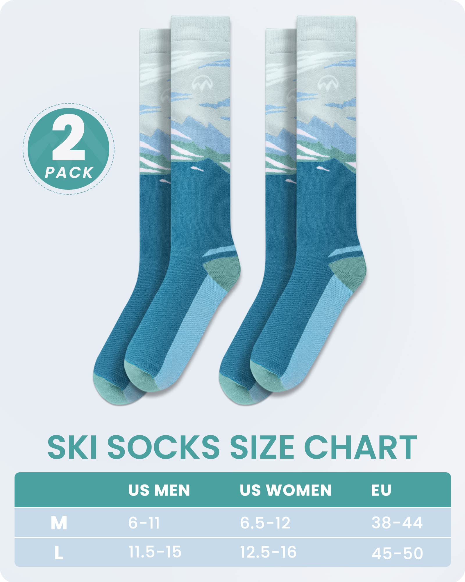 OutdoorMaster Ski Socks, 2-Pair Pack Skiing and Snowboarding Thermal Socks for Women with Over the Calf Design w/Non-Slip Cuff, Mountain Patterns - Ocean Blue,M/L