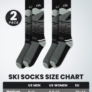 OutdoorMaster Ski Socks, 2-Pair Pack Skiing and Snowboarding Thermal Socks for Men with Non-Slip Cuff Design, Geometric Patterns - Black, Large