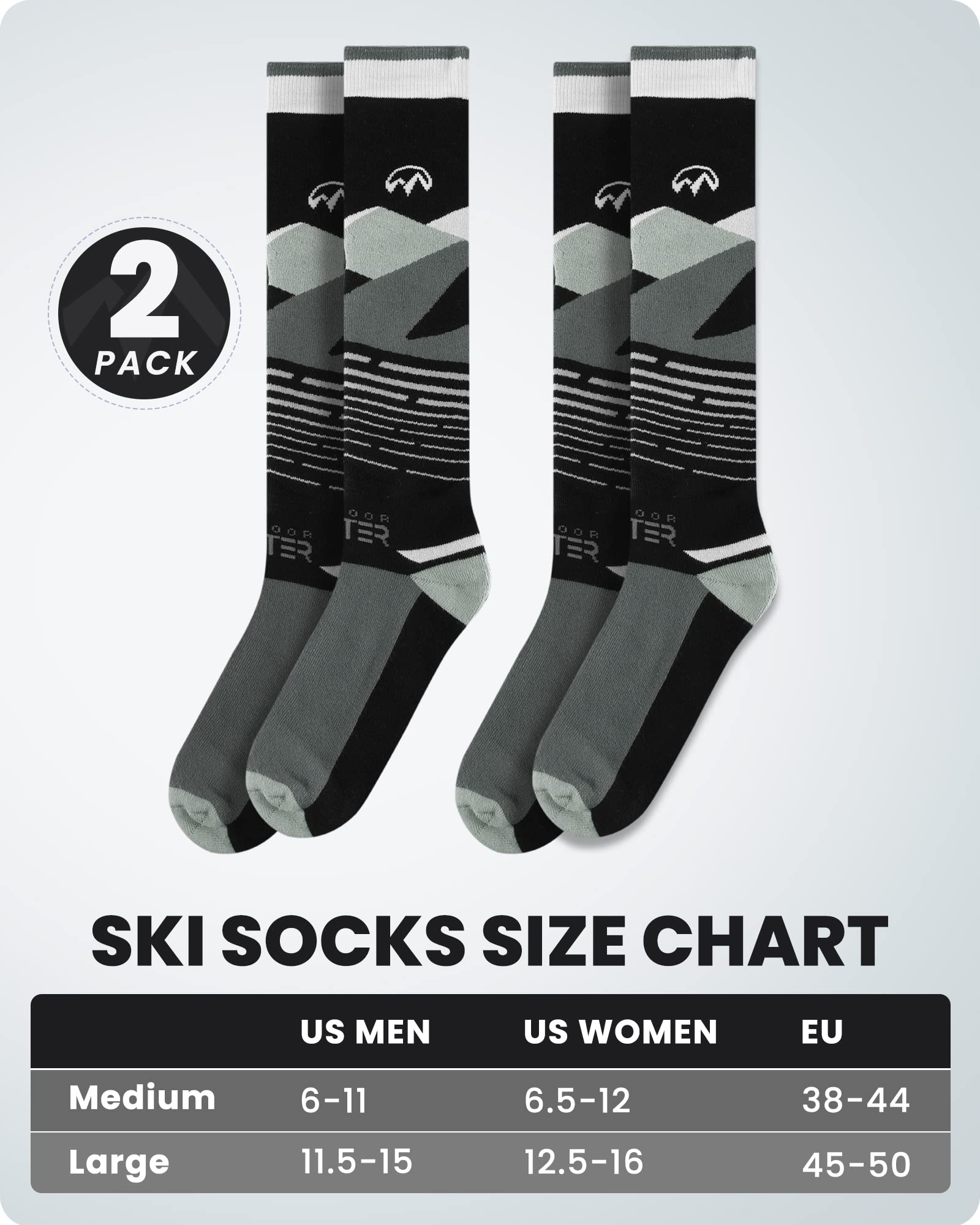 OutdoorMaster Ski Socks, 2-Pair Pack Skiing and Snowboarding Thermal Socks for Men with Non-Slip Cuff Design, Geometric Patterns - Black, Large