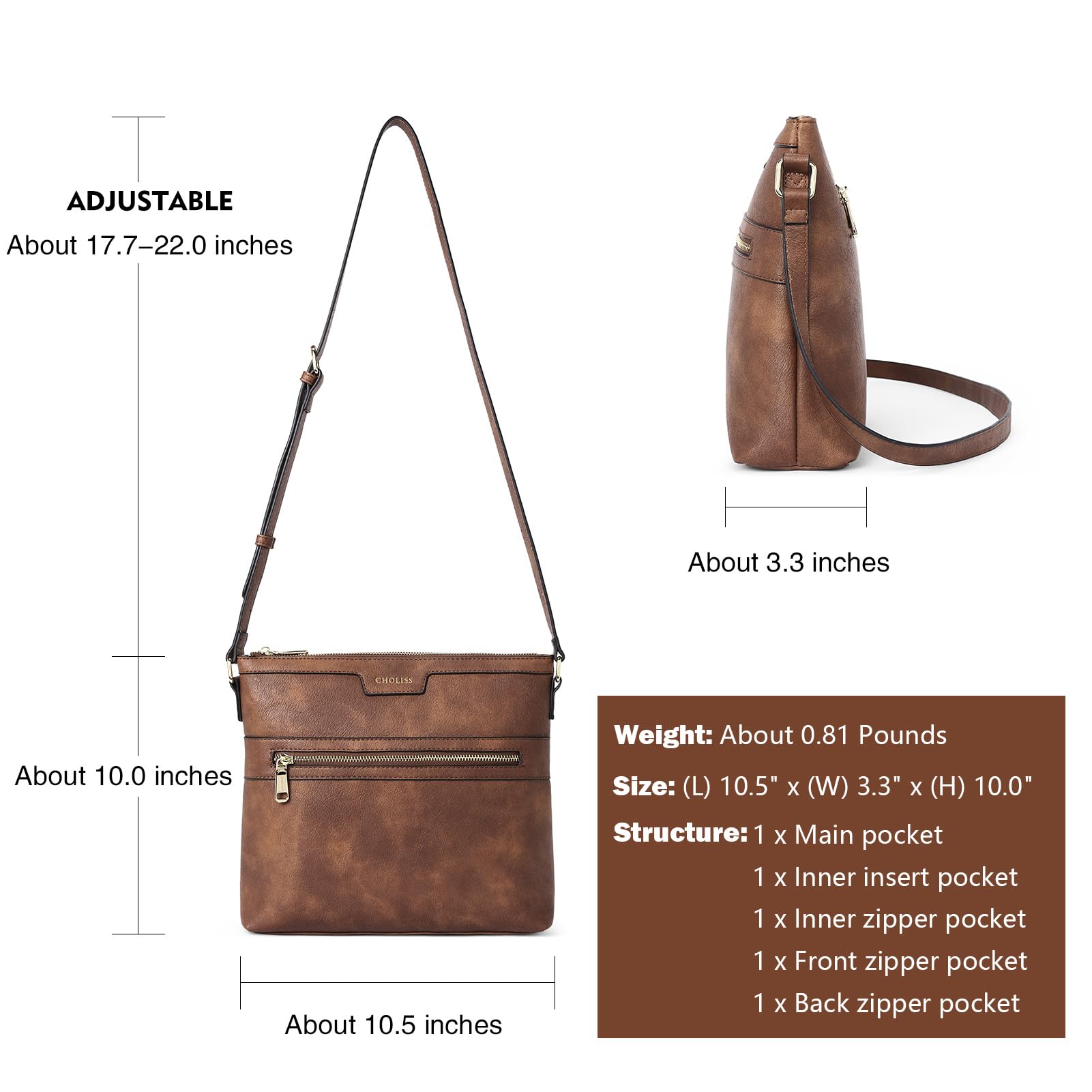 CHOLISS Large Crossbody Bags for Women, Medium Size Purses for Women with Vegan Leather, Brown