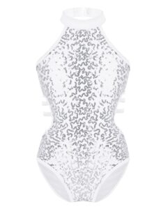 jowowha girls sparkly sequins cutout back gymnastic leotards halter neck one-piece ballet dance unitard top bodysuit jumpsuit white 10 years