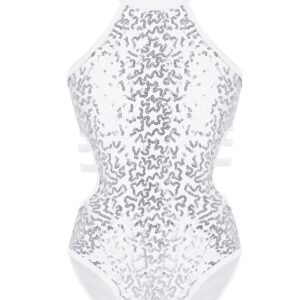 Jowowha Girls Sparkly Sequins Cutout Back Gymnastic Leotards Halter Neck One-Piece Ballet Dance Unitard Top Bodysuit Jumpsuit White 10 Years