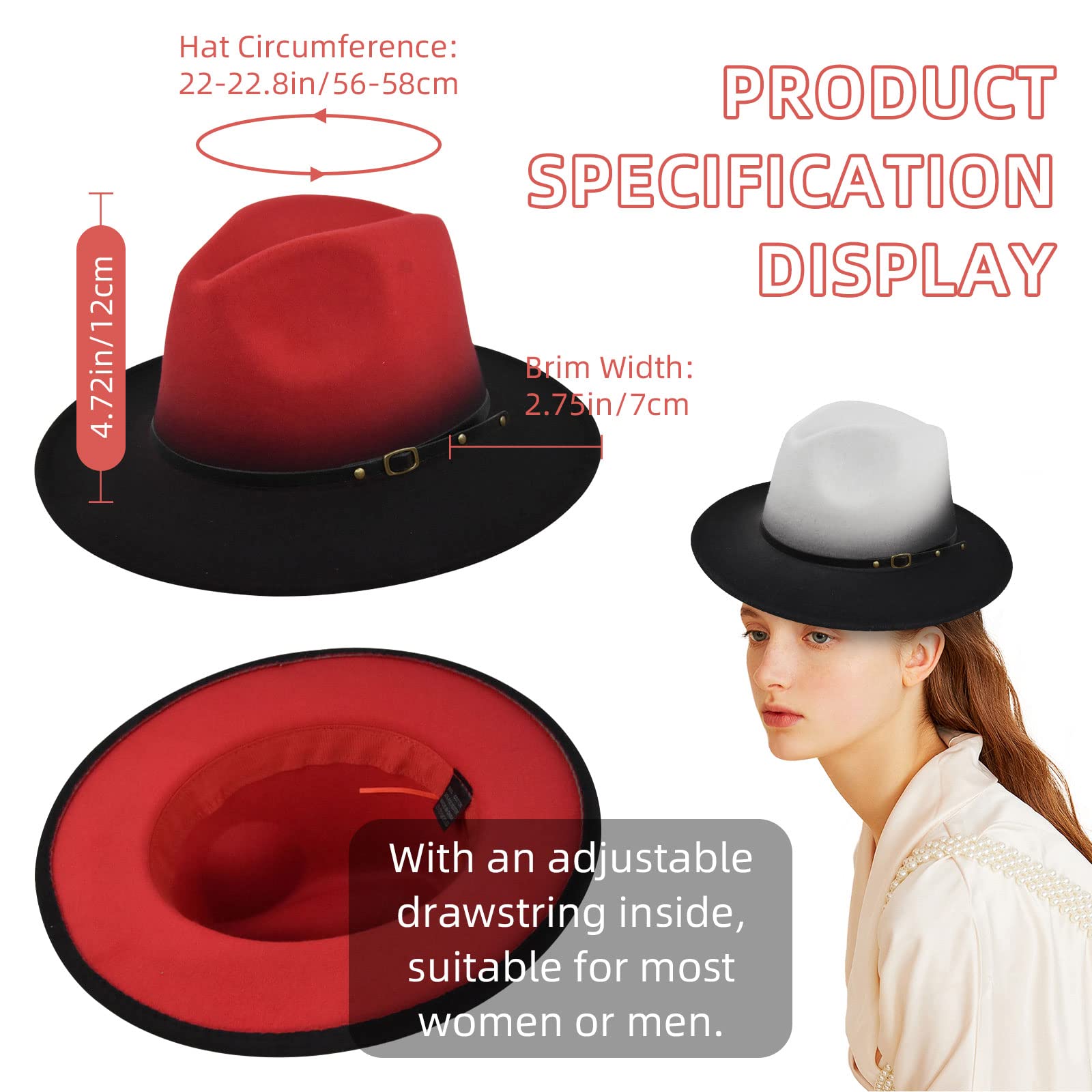 Gradient Color Fedora Hat for Women & Men, 4 Pack Classic Wide Brim Floppy Felt Panama Hat Outdoor Sun Hat with Belt Buckle, Camel+Grey+Red+White