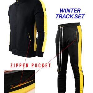 SCREENSHOT-S51707 Mens Hip Hop Premium Slim Fit Winter Fleece Lined Track Jacket - Modern Athletic Workout Sport Fitness Tops with Side Taping-Black/Yellow-Small