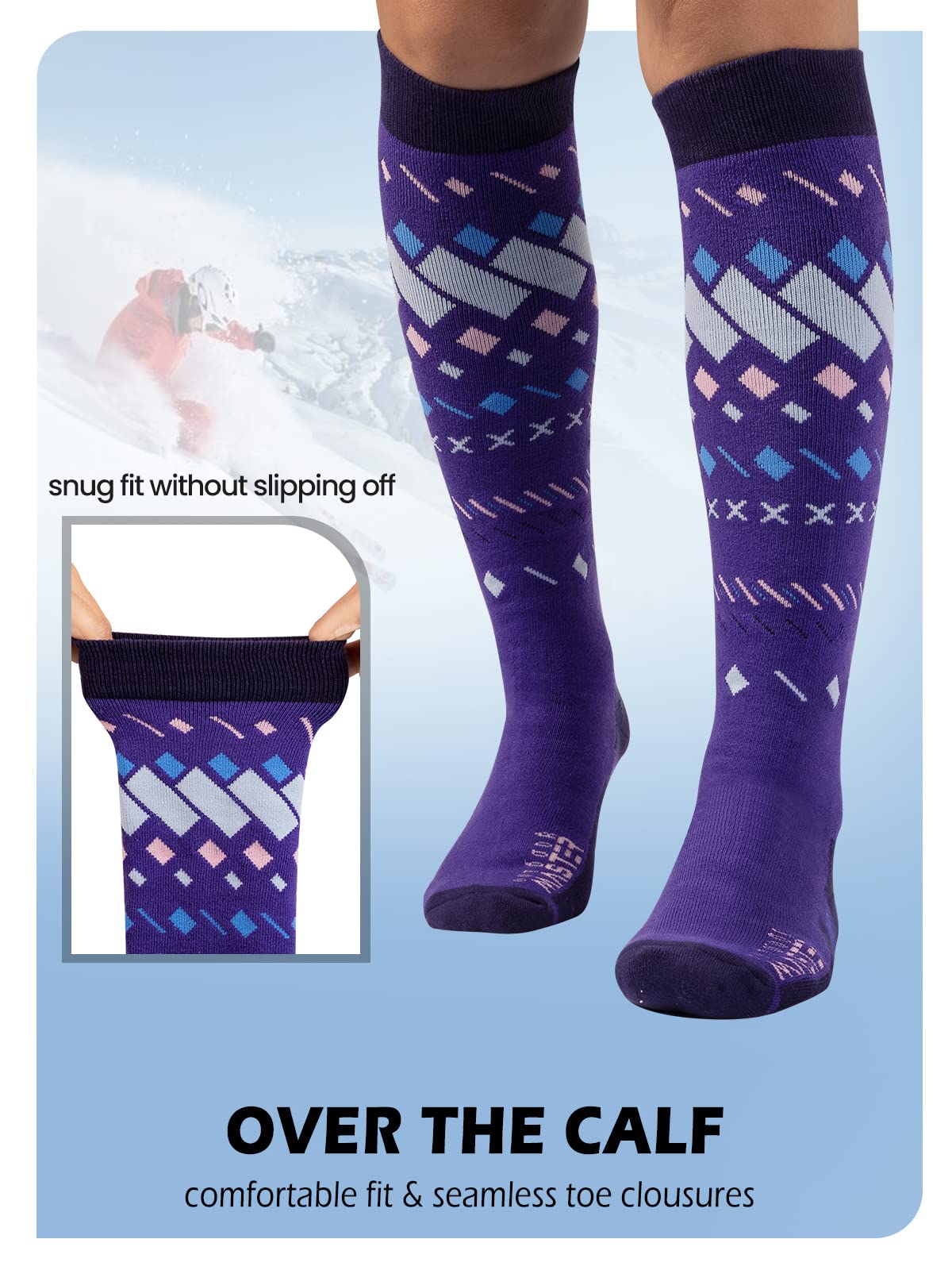 OutdoorMaster Unisex Ski Socks,Skiing and Snowboarding Socks for Men & Women with Over the Calf Design/Non-Slip Cuff