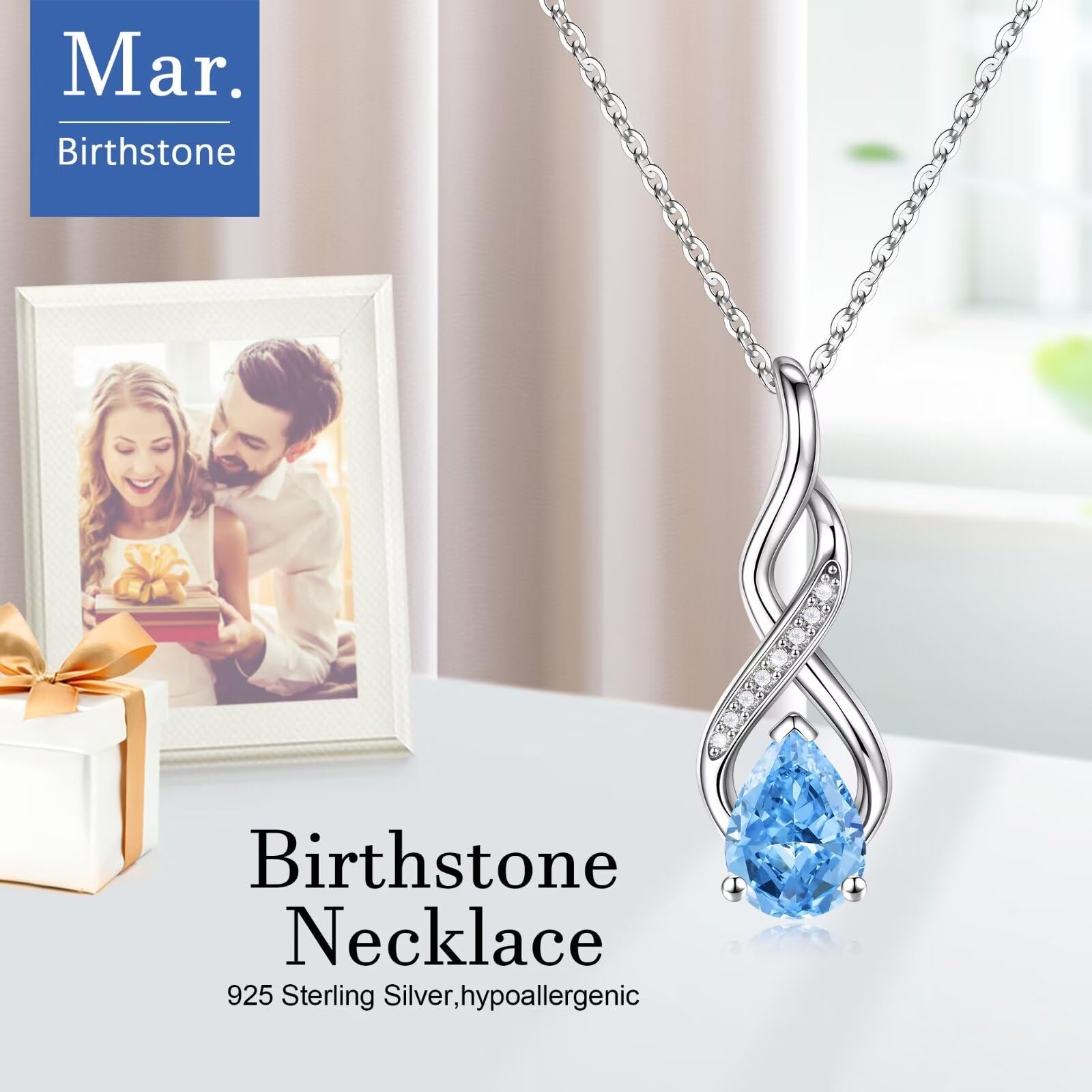 Iefil March Birthstone Necklaces for Women - S925 Sterling Silver Heart Necklace Aquamarine Necklace March Birthstone Jewelry for Women Mom Daughter Girlfriend Wife Birthday Gifts