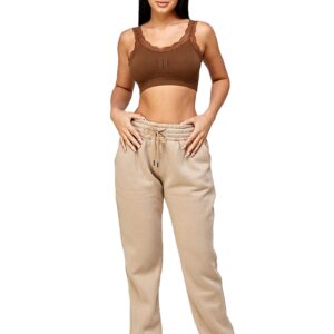 IUUI Sweatpants for Women High Stacked Waist Fleece Womens Joggers with Pockets Lounge Pants for Yoga Workout Running Taupe