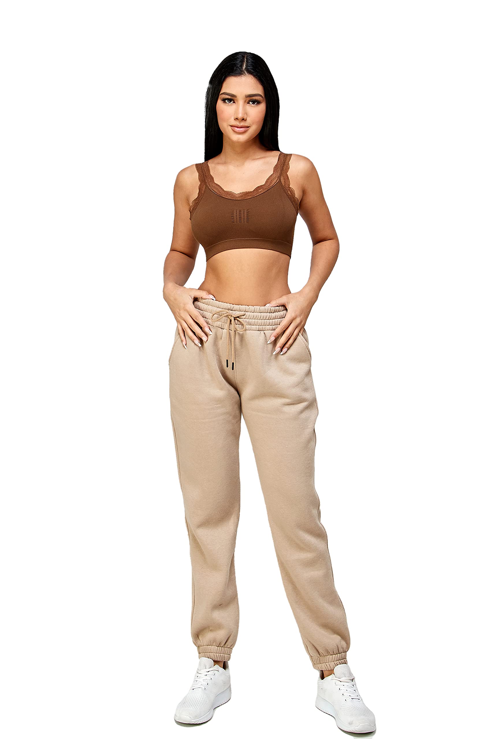 IUUI Sweatpants for Women High Stacked Waist Fleece Womens Joggers with Pockets Lounge Pants for Yoga Workout Running Taupe