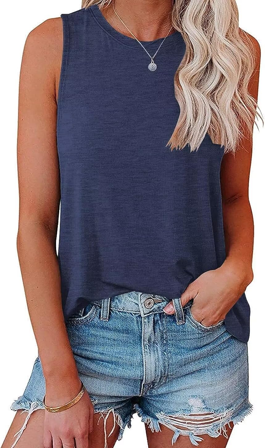 Bliwov Womens Fashion Tank Tops Crewneck Loose Fit Basic y2k Going Out Clothes Casual Summer Sleeveless Shirts for Women 2024 Blue