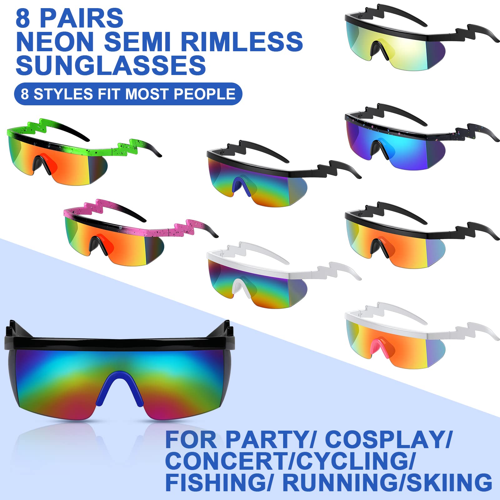 Maitys 8 Pairs Retro Semi Rimless Sunglasses 80s 90s Zigzag Sunglasses Colored Neon Sunglasses Transparent Lens Glasses for Men Women