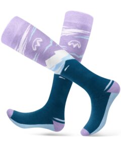 outdoormaster ski socks, 2-pair pack skiing and snowboarding thermal socks for women with over the calf design w/non-slip cuff, mountain patterns - lavender, medium