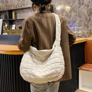 Women Puffer Bag Crossbody Bag Quilted Bags Luxury Shoulder Bag Tote Top Handle Bags Puffy Shoulder Bag for Autumn Winter (White)