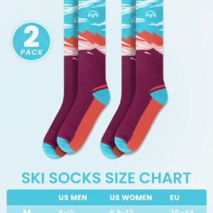 OutdoorMaster Ski Socks, 2-Pair Pack Skiing and Snowboarding Thermal Socks for Women with Over the Calf Design w/Non-Slip Cuff, Mountain Patterns - Henna, Medium