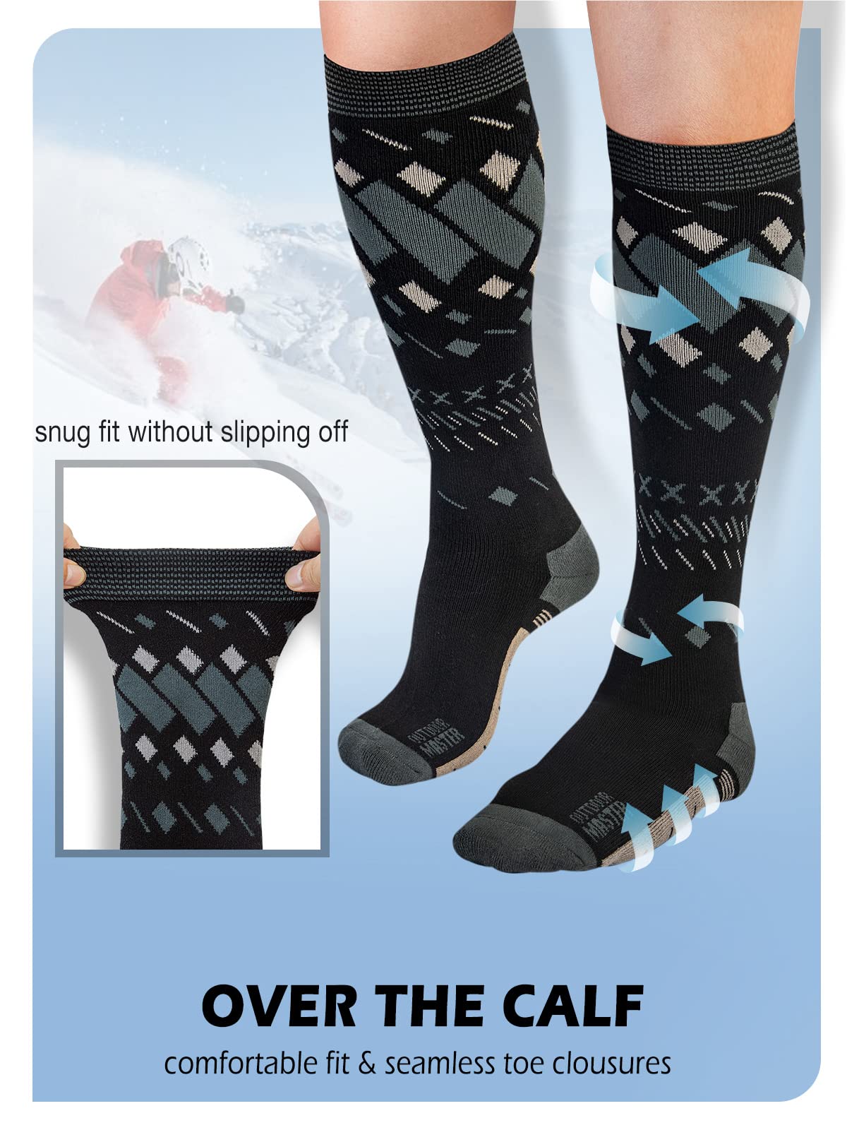 OutdoorMaster Unisex Ski Socks,Skiing and Snowboarding Socks for Men & Women with Over the Calf Design/Non-Slip Cuff