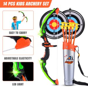 Bow and Arrow for Kids with LED Lights - Kids Archery Set includes 1 Bow, 10 Suction Cups Arrows, 2 Targets and Quiver, Play Indoor and Outdoor for Boys Girls Aged 3 4 5 6 7 8-12 Years