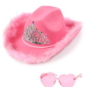 JIANGLAI Cowboy Hat with Heart Shaped Sunglasses, Feather Cowgirl Hat for Halloween, Bachelorette Party (Pink)