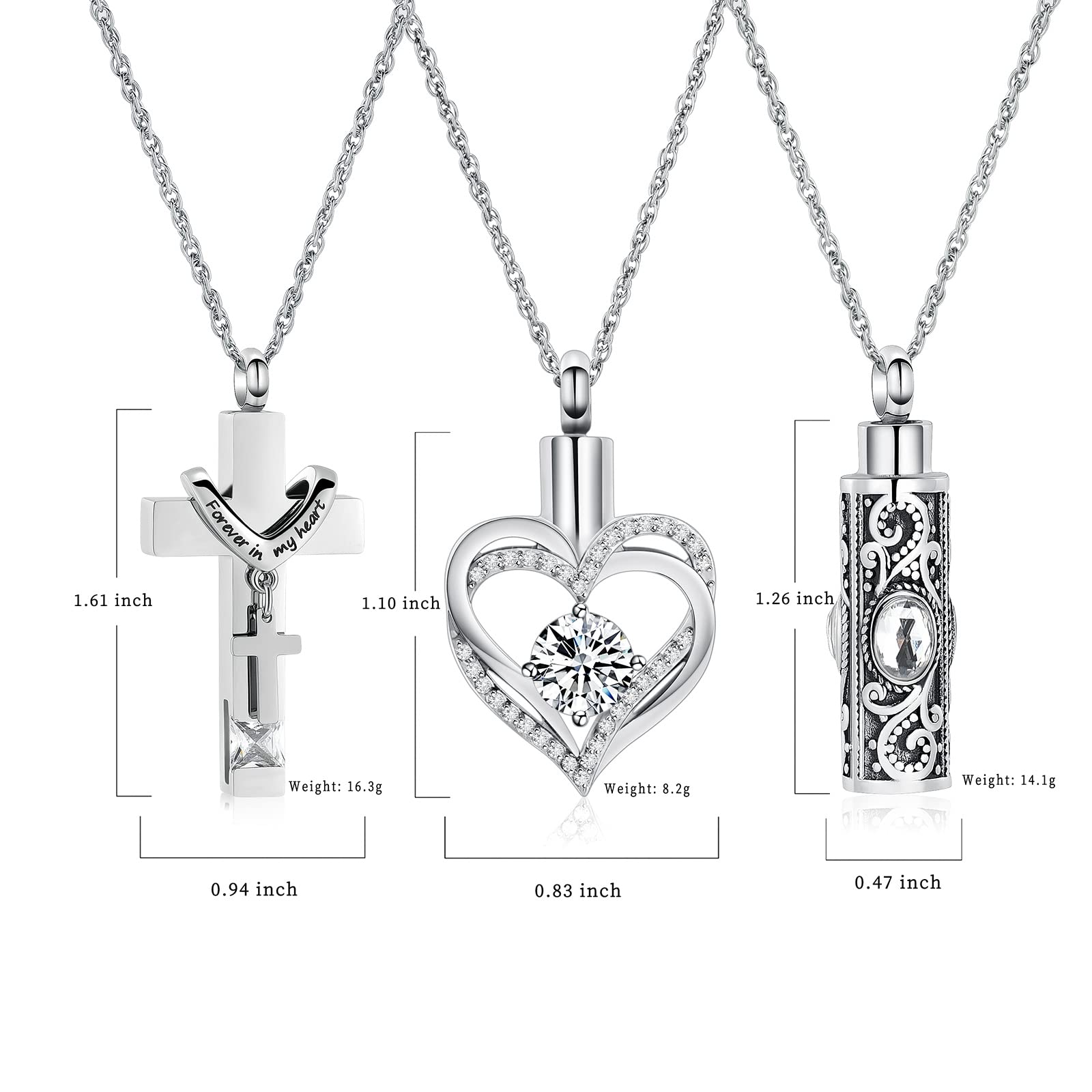 shajwo 3 Pack Urn Necklace for Ashes for Women Gilrs Heart Cross Cylinder Cremation Jewelry for Ashes Memorial Keepsake Birthstone Pendant,White