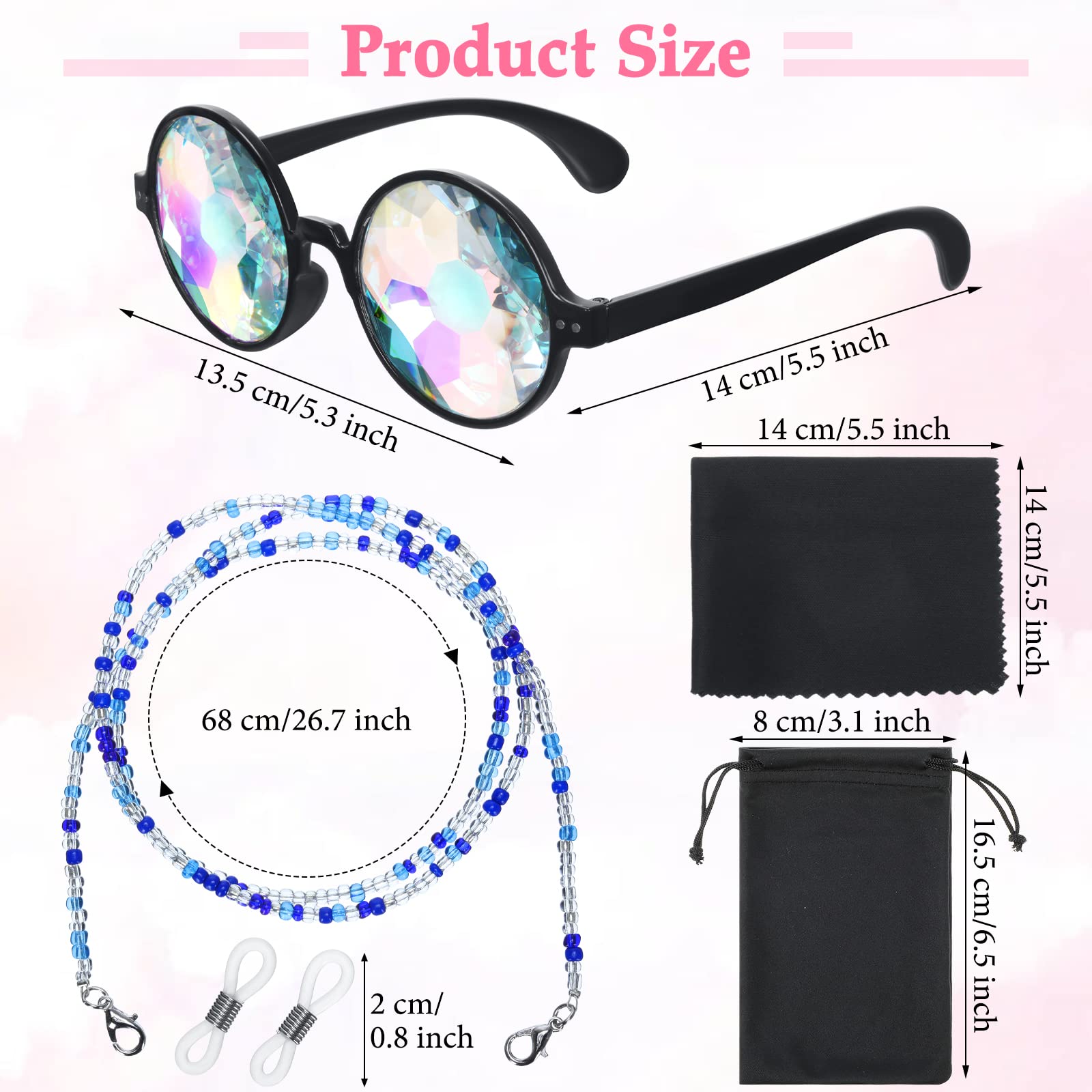 Yunsailing 9 Pairs Kaleidoscope Rave Glasses with 9 Beaded Glasses Strap Rainbow Rave Goggles Prism Fun Sunglasses Eyeglass Chain for Carnival Party Festival Accessories