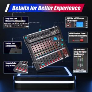 Professional Audio Mixer Sound Board Console Desk System 8 Channels Bluetooth Live Studio Mixing Console, 8 Channel Audio Mixer, Sound Mixing Console USB Digtal Mic, Black and Red (8 Channels)