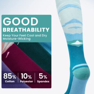 OutdoorMaster Ski Socks, 2-Pair Pack Skiing and Snowboarding Thermal Socks for Women with Over the Calf Design w/Non-Slip Cuff, Mountain Patterns - Ocean Blue,M/L