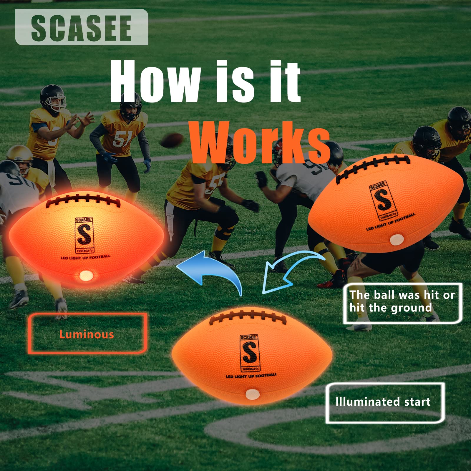 SCASEE Light Up Football - Official Size 6 and Weight- Extra Pump and Batteries - Glow in The Dark Indoor or Outdoor Footballs with Bright Waterproof LED for Youth,Teen Boys and Girls