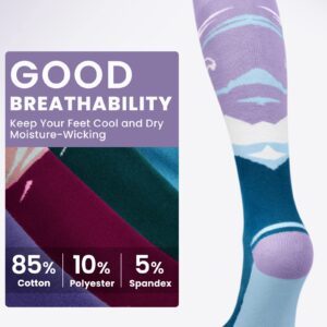 OutdoorMaster Ski Socks, 2-Pair Pack Skiing and Snowboarding Thermal Socks for Women with Over the Calf Design w/Non-Slip Cuff, Mountain Patterns - Lavender, Medium