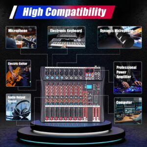 Professional Audio Mixer Sound Board Console Desk System 8 Channels Bluetooth Live Studio Mixing Console, 8 Channel Audio Mixer, Sound Mixing Console USB Digtal Mic, Black and Red (8 Channels)