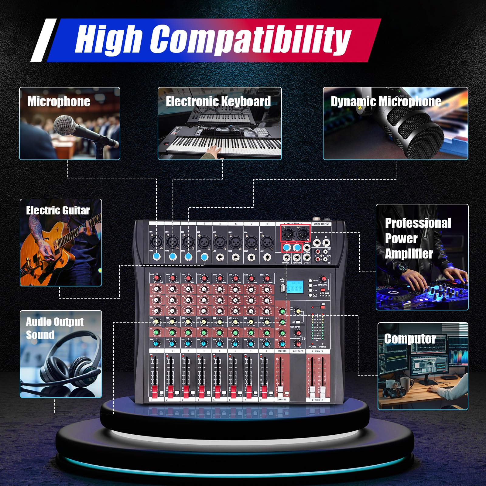 Professional Audio Mixer Sound Board Console Desk System 8 Channels Bluetooth Live Studio Mixing Console, 8 Channel Audio Mixer, Sound Mixing Console USB Digtal Mic, Black and Red (8 Channels)