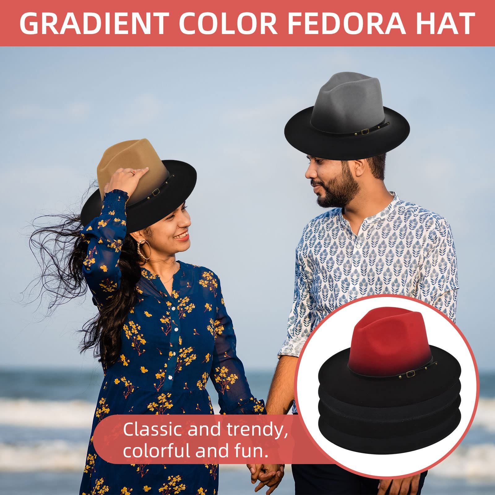 Gradient Color Fedora Hat for Women & Men, 4 Pack Classic Wide Brim Floppy Felt Panama Hat Outdoor Sun Hat with Belt Buckle, Camel+Grey+Red+White