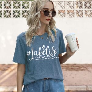 Dapiaoliang Lake Tshirts for Women Graphic Tees Outdoor Casual Round Neck Short Sleeve T-Shirt Cute Beach Shirts Ink Blue, Large