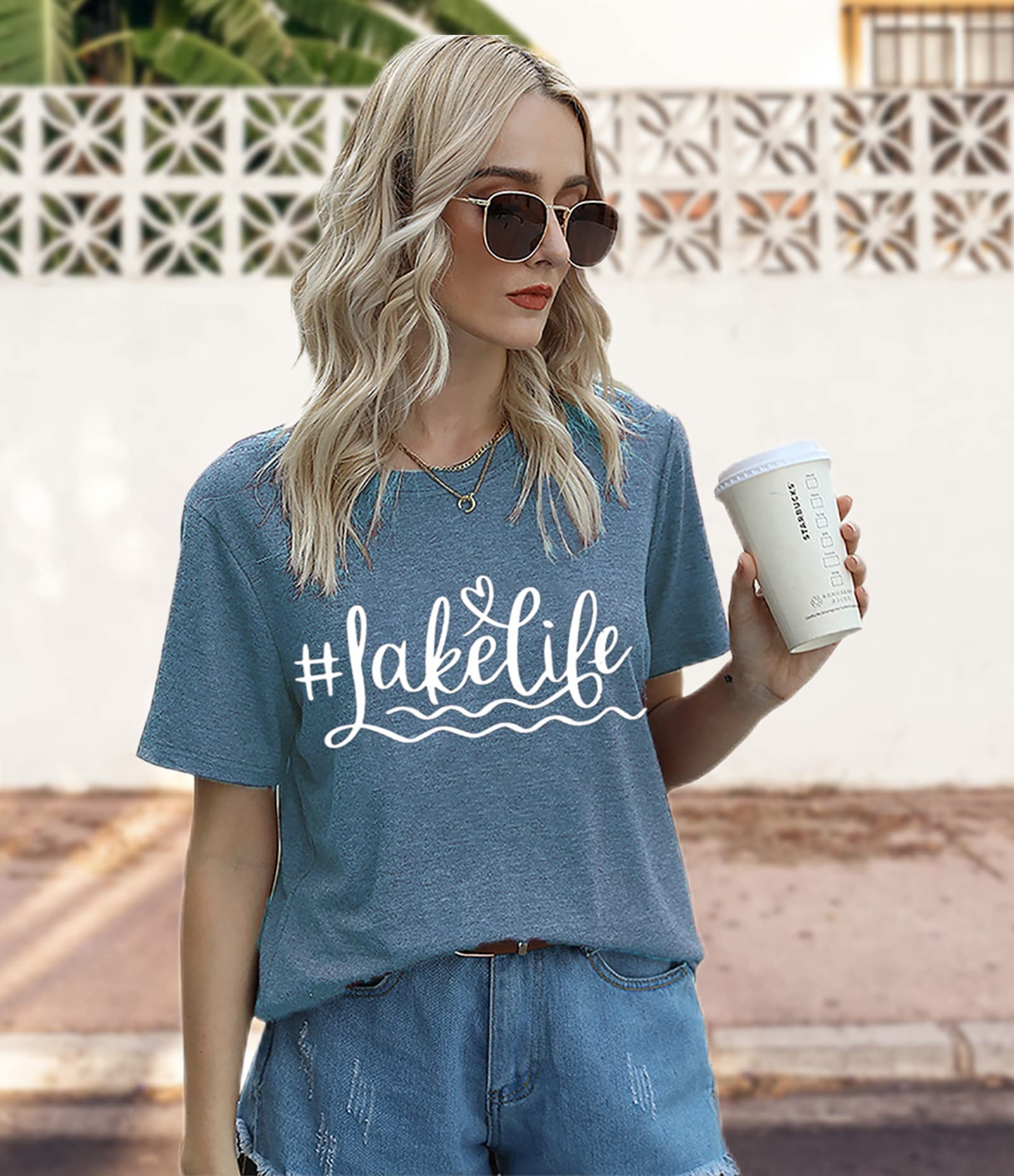 Dapiaoliang Lake Life Shirts for Women Funny Vacation Graphic Tee Casual Summer Short Sleeve Blouses Round Neck Loose Tunic Top Ink Blue, Small